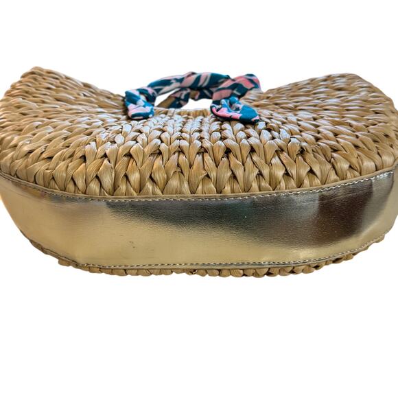 Lilly Pulitzer Monkey Business Half Moon Tan Straw Beach Tote with Floral Scarf - Picture 5 of 10